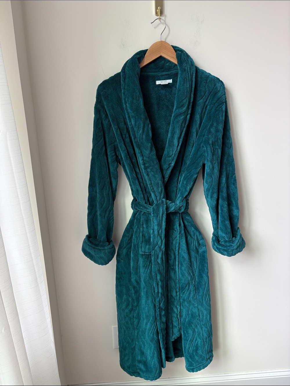 Natori Private Luxuries Embossed Robe Plush Cozy Tie Waist Teal/Green Size L